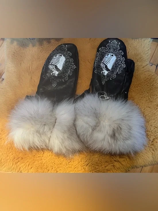 Black Leather Mittens with White Fur Trim and Microphone Print - Picture 8 of 8